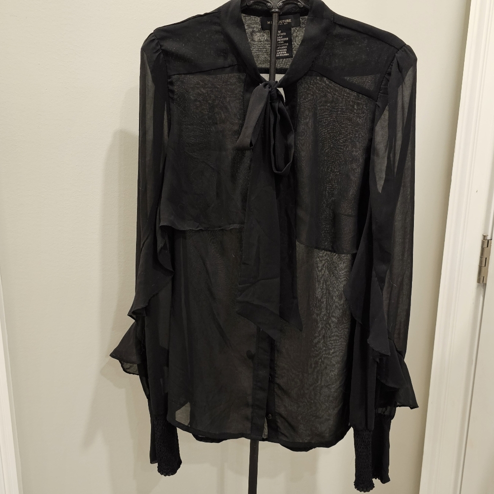 MM Couture By Miss Me Black Sheer Button Up Blouse With Tie Neck